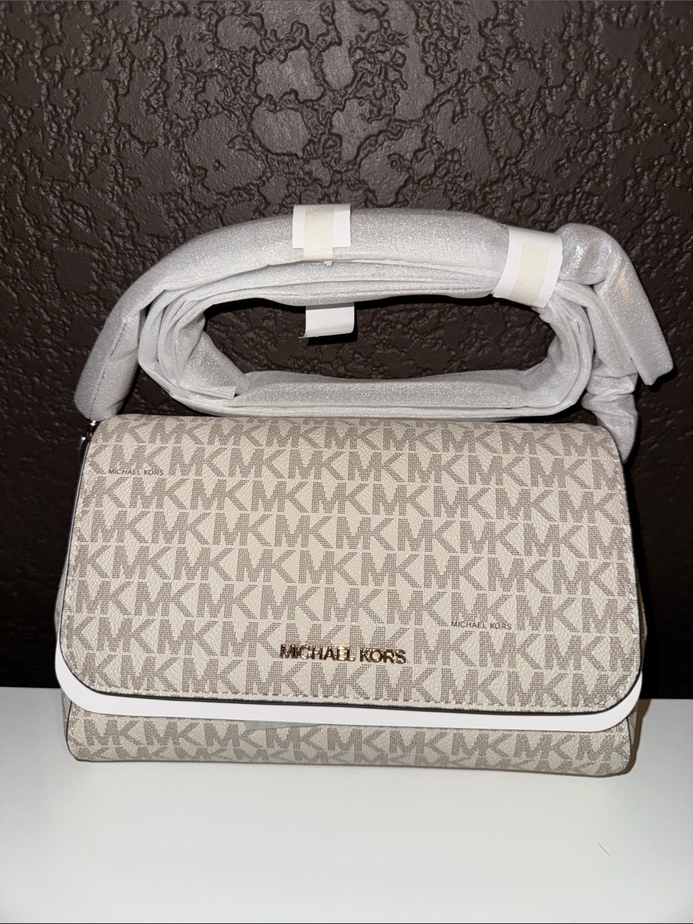 Michael Kors Light Beige Logo Crossbody with White Trim